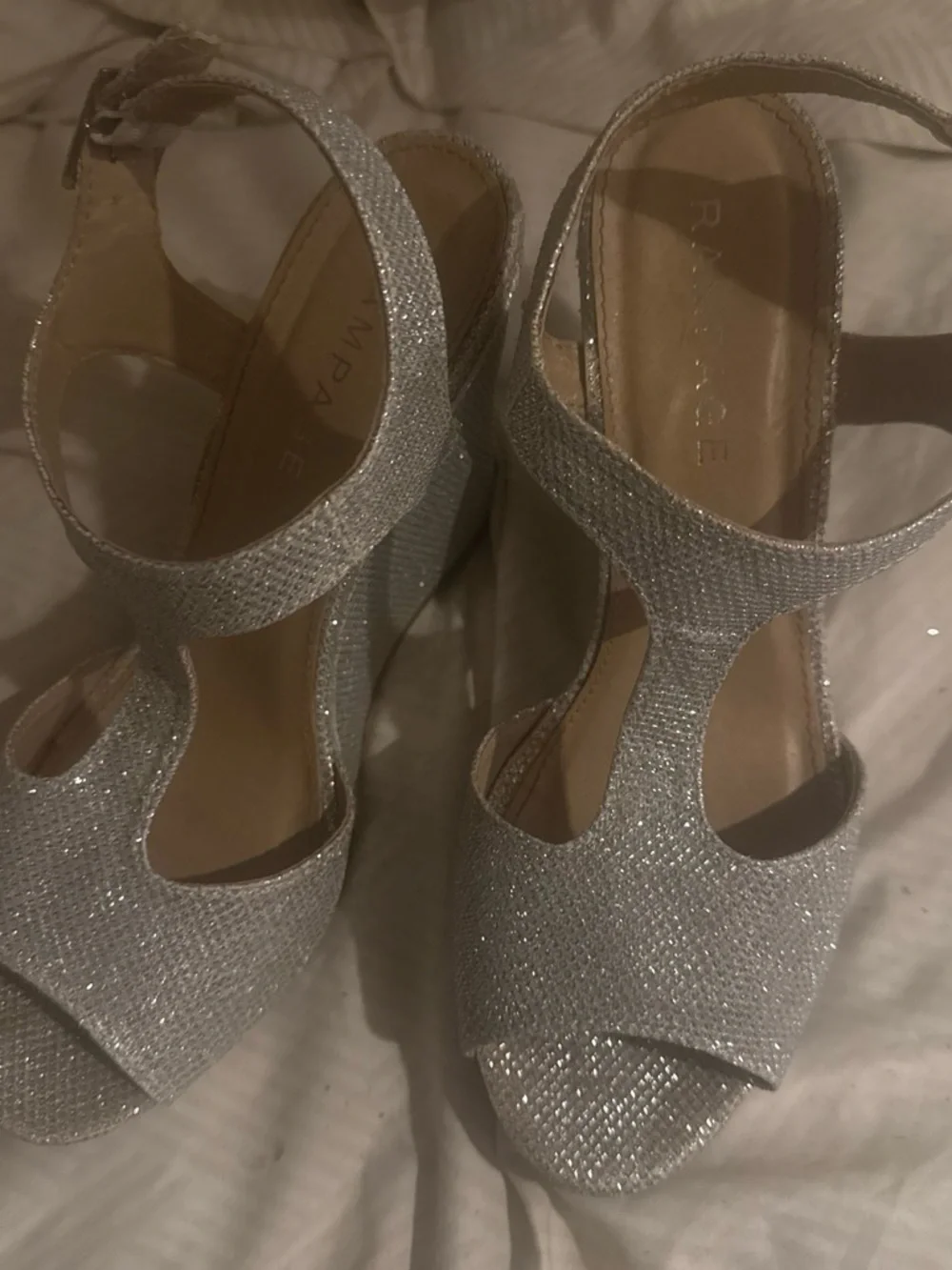 Rampage Glitter Silver Platform T-Strap Heels